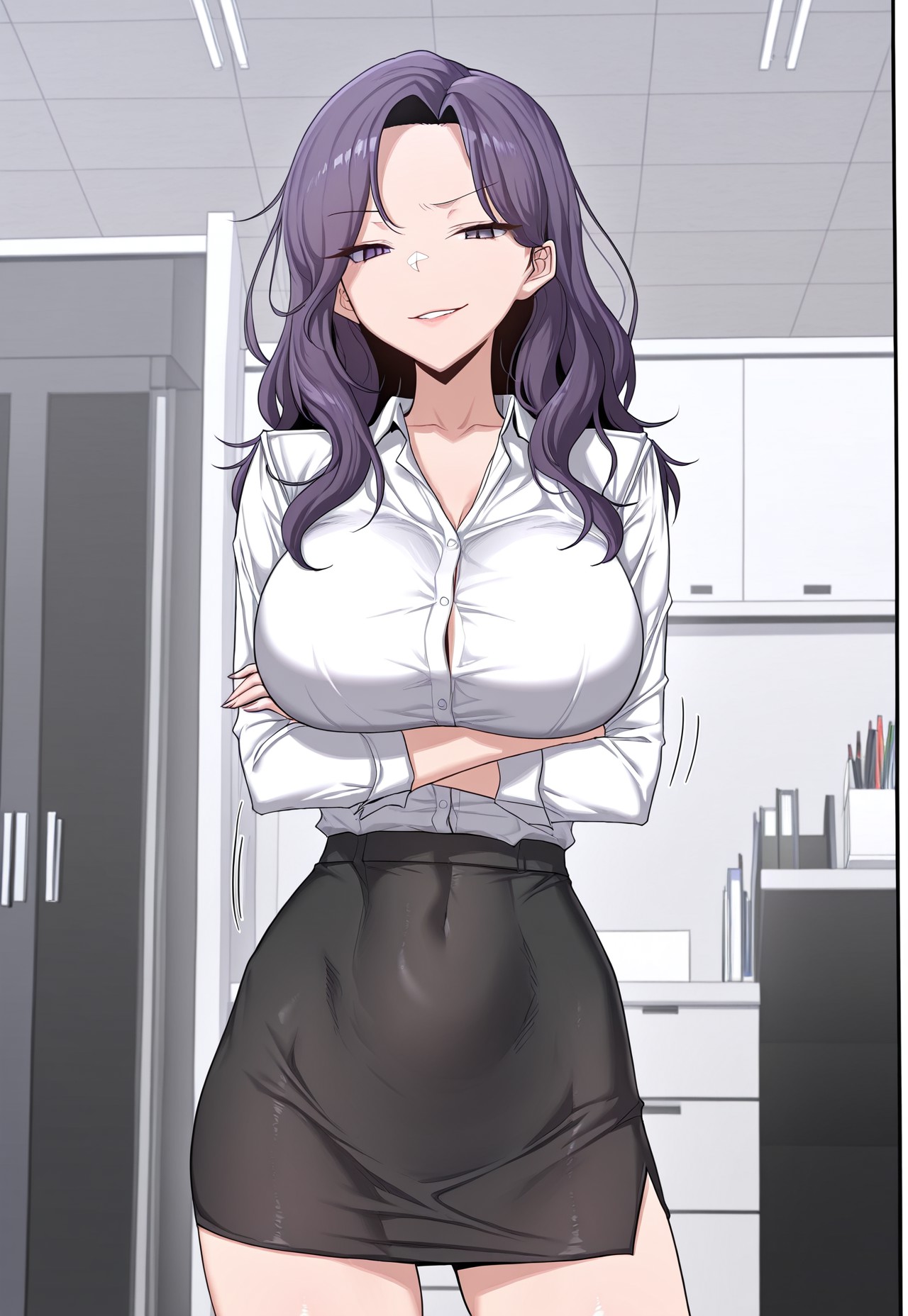 uhm jayeong, sharp eyes, medium-length wavy purple hair, large breasts, wide hips, tight white blouse, black pencil skirt, arms crossed under chest, standing with one hip popped out, assertive expression, slight smirk, office setting, 1girl, solo
