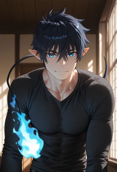 //General, masterpiece,best quality,amazing quality, source_anime, intricately detailed illustration, very aesthetic, absurdres, newest, anime coloring, subsurface scattering, , natural lighting, Expressiveh, detailed skin, shiny skin,aesthetics light, depth of field, vibrant colors,
//Fashion, black shirt, long sleeves,
//Background, castle interior, indoors, snow background outside the window,
//Others, 1boy, male focus, solo male, manly body,
//Action, looking at viewer, light smile, close up, upper body,
BREAK,
rin_okumura, black hair, blue eyes, short hair, pointy ears, hair between eyes tail blue fire