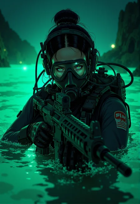 <lora:ck-ghost-reaper-000015:0.9>, This is a digital artwork in the style of ckgr, a woman combat diver wearing a dual mode diver mask with a mares backmount and scuba gear, partly submerged in glowing bioluminecent water ,
she is holding and aiming an AR15 assault rifle at the viewer.
nightstalker, outdoors, clear night sky, green nightvision tint color palette