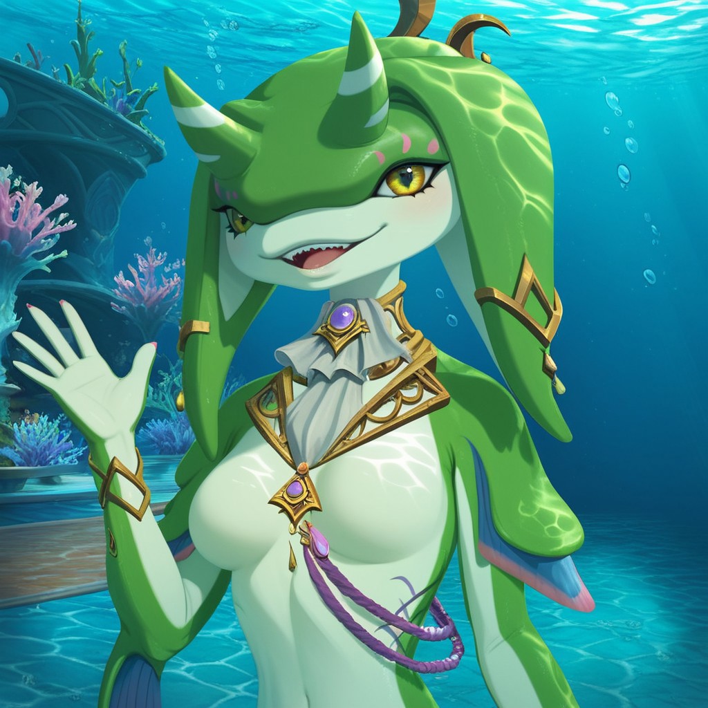 score_9, score_8_up, score_7_up, 1girl, solo, 5fingers, Expressiveh, (Yona, female fish, green body, jewelry, horns, yellow eyes, necklace, neckwear, anthro), cowboy shot, smile, waving, atlantica, underwater palace, close-up, waving, open mouth, smile underwater, standing, female focus, looking at viewer, smile, detailed background, 4k, masterpiece, best quality, highly detailed, realistic