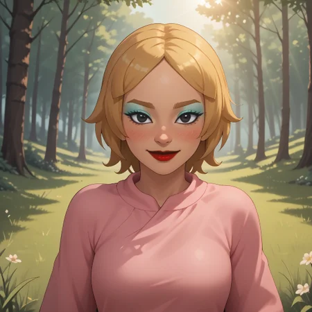 score_9, score_8, BREAK, solo, wii, mii, wii sports, 1girl, female mii, cute, attractive, blonde hair, dark blonde eyebrows, makeup, blush, blue eyeshadow, red lips, lipstick, pink clothing, white pants, shoes, breasts, nintendo mii, modern_mii, classic_mii, Maki_(OC_Mii), black eyes, sexy pose, self portrait, smile, outdoors, sunlight, shadows, evening lighting, natural lighting, forest, trees, grass, orange sky, sunset