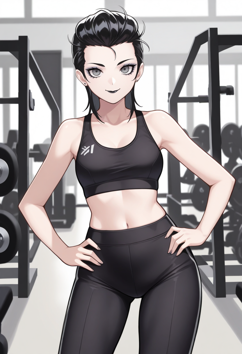masterpiece, best quality, 1girl, solo, looking at viewer, cowboy shot, smile, gym, hands on hips
black sports bra, black yoga pants
 <lora:zs_YurikoILLU:1> yur1k0smt, black hair, hair slicked back, grey eyes, makeup,