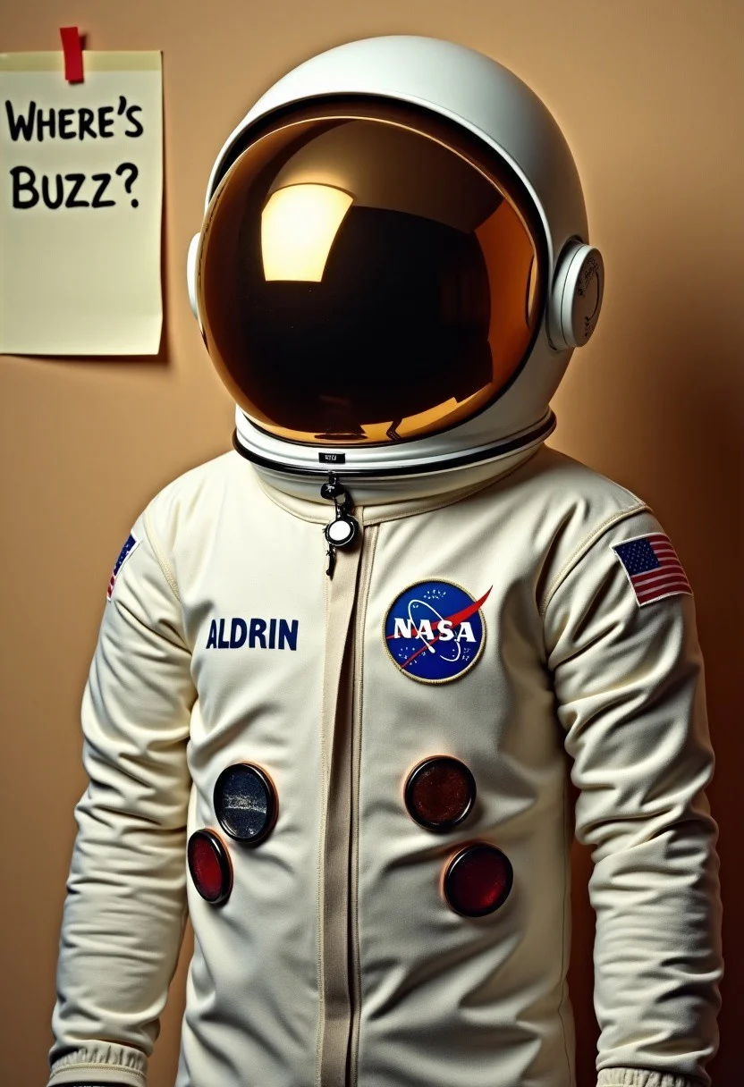 A perfect close-up photograph of a NASA astronaut suit from 1960s. We can see clearly the NASA logo and the name ALDRIN on the chest. The suit is appears full but there is nobody behind the helmet. The helmet reflects perfect studio lightning. The background is a beige wall. Next to the suit on the wall we can see a large post-it note with the text "WHERE'S BUZZ?" written by hand. Best quality, retro photography, studio photography, 35mm, film grain