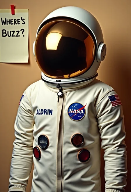 A perfect close-up photograph of a NASA astronaut suit from 1960s. We can see clearly the NASA logo and the name ALDRIN on the chest. The suit is appears full but there is nobody behind the helmet. The helmet reflects perfect studio lightning. The background is a beige wall. Next to the suit on the wall we can see a large post-it note with the text "WHERE'S BUZZ?" written by hand. Best quality, retro photography, studio photography, 35mm, film grain