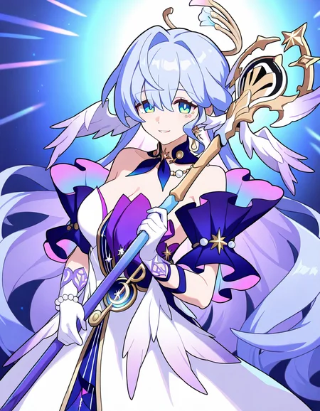 1girl, robin \(honkai: star rail\), 
worldflipper, solo, looking at viewer, dress, large breasts, white dress, short sleeves, strapless, bracelet, detached collar, strapless dress, gloves, bead bracelet, upper body, very long hair, bare shoulders, beads, aqua eyes, holding staff, breasts, halo behind head, head wings, jewel under eye, detached sleeves, cleavage, white gloves, holding, blue hair, purple collar, wings, parted lips, staff, smile, halo, necklace, long hair,
masterpiece, best quality, very aesthetic, newest, absurdres, incredibly absurdres
 <lora:worldflipper-000016:1.2>