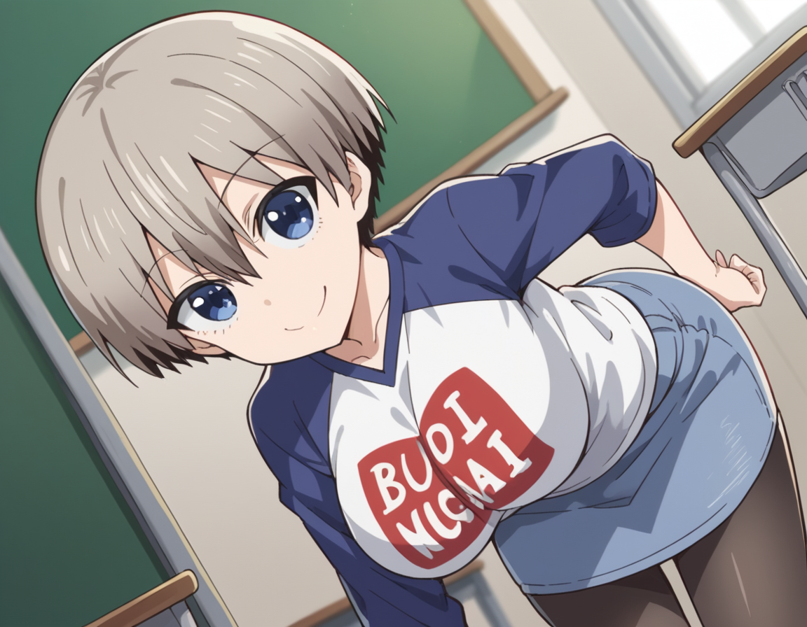 score_9, score_8_up, score_7_up, source_anime,
hanauzaki, <lora:hana-uzaki-s1-ponyxl-lora-nochekaiser:0.8>,
hana uzaki, short hair, blue eyes, large breasts, grey hair,
skirt, shirt, pantyhose, black pantyhose, denim, clothes writing, raglan sleeves, denim skirt, romaji text,
indoors, classroom, bent over, smile,
looking at viewer, cowboy shot, solo, dutch angle,