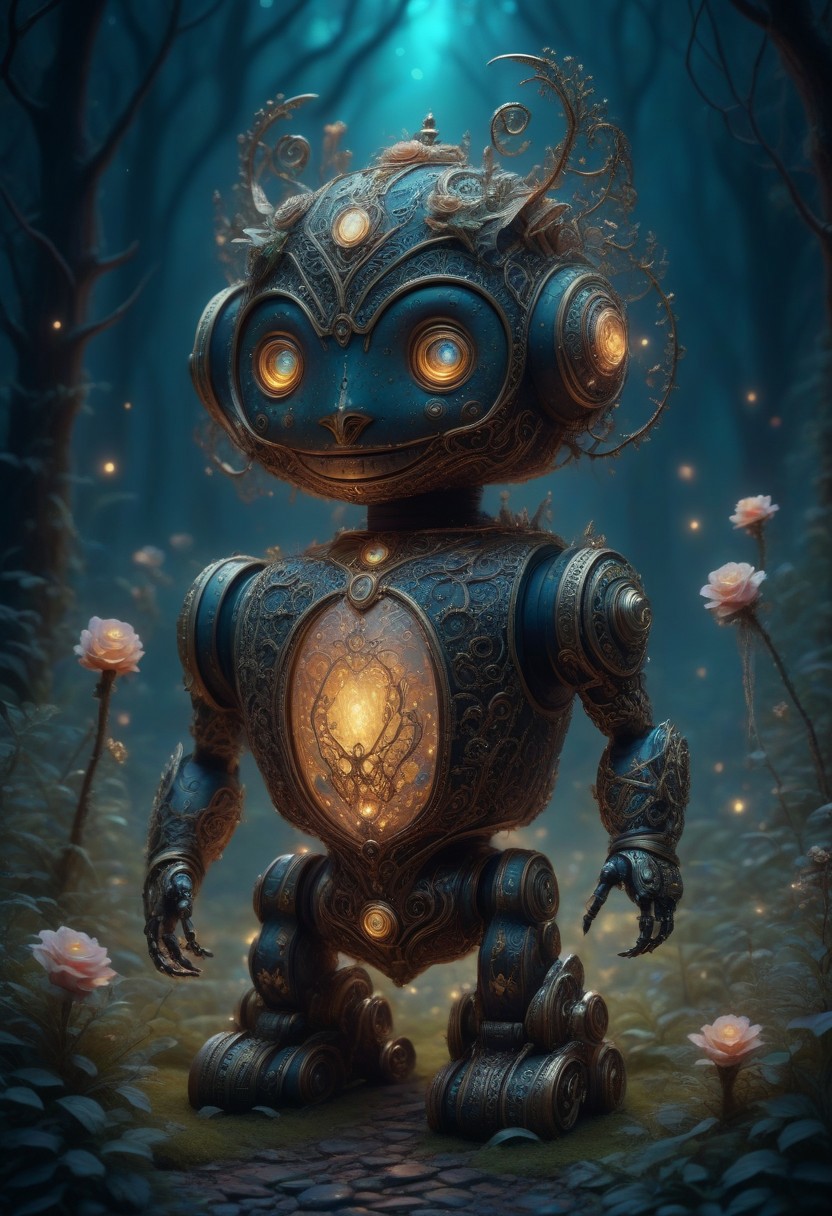 elaborate manuka robot, cute, fantasy, eerie wonderland, glowing, intricate details, 8k, cinematic film still, ultra sharp