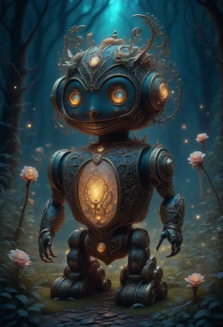 elaborate manuka robot, cute, fantasy, eerie wonderland, glowing, intricate details, 8k, cinematic film still, ultra sharp