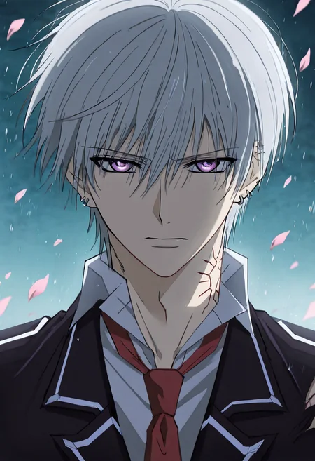 1boy, male focus, masterpiece, best quality, amazing quality, very aesthetic, absurdres, newest, masterpiece, ultra detailed, cinematic fantasy light, very awa, KiryuuVK, KiryuuVK_silver_hair, KiryuuVK_purple_eyes, KiryuuVK_neck_seal, KiryuuVK_school_uniform, KiryuuVK_white_shirt, KiryuuVK_red_necktie, KiryuuVK_earrings, KiryuuVK_piercing, standing alone at dusk under sakura trees, moody expression, tie slightly loose, torn paper sky, cherry blossom petals drifting, cool tone color grading, Portrait, close up, dynamic pose, dynamic angle, <lora:Vampire_Knight_Kiryuu_Zero:0.8>, <lora:detailed skin style illustriousXL v1:0.1> detailed