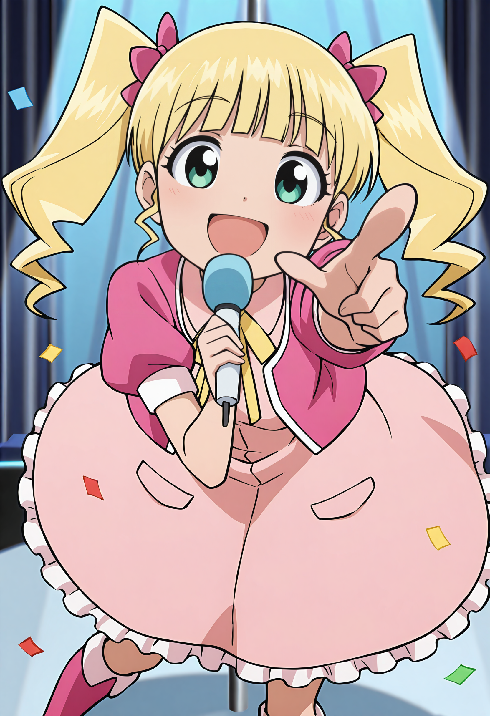best quality, amazing quality, perfect quality, high quality, masterpiece, absolutely eye-catching BREAK
<lora:Ika_Musume_-_Mari:1> IkaMari, green eyes, blonde hair, long hair, drill hair, blunt bangs, pink hair bow, small breasts BREAK
yellow neck ribbon, pink shirt, open shirt, short puffy sleeves, pink dress, pink knee boots BREAK
outside, stage, confetti, spotlight BREAK
1girl, solo, holding microphone, open mouth, pointing at viewer, smile, looking at viewer, head tilt, cowboy shot, dutch angle