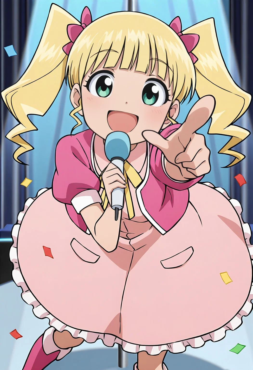 best quality, amazing quality, perfect quality, high quality, masterpiece, absolutely eye-catching BREAK
<lora:Ika_Musume_-_Mari:1> IkaMari, green eyes, blonde hair, long hair, drill hair, blunt bangs, pink hair bow, small breasts BREAK
yellow neck ribbon, pink shirt, open shirt, short puffy sleeves, pink dress, pink knee boots BREAK
outside, stage, confetti, spotlight BREAK
1girl, solo, holding microphone, open mouth, pointing at viewer, smile, looking at viewer, head tilt, cowboy shot, dutch angle