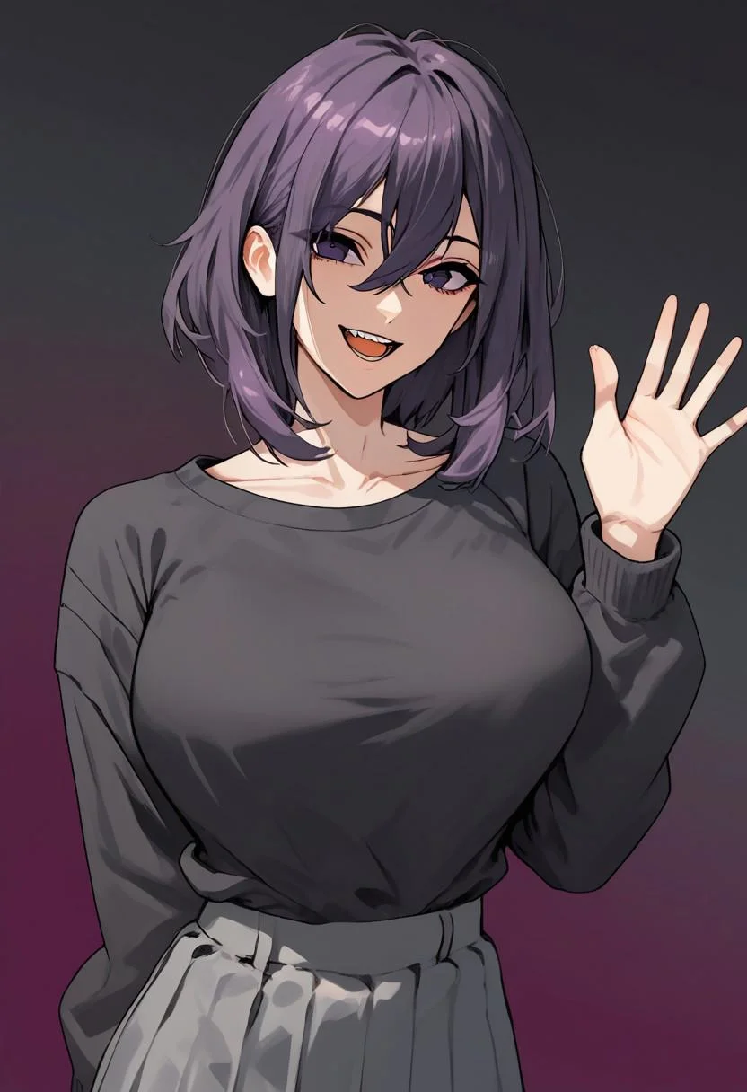 score_9, score_8_up, score_7_up, score_6_up, score_5_up, score_4_up,
hair between eyes, grey background, sweater, medium hair, black shirt, teeth, :d, grey skirt, purple hair, eyebrows visible through hair, solo, waving, purple eyes, smile, grey shirt, hand up, gradient background, open mouth, long sleeves, 1girl, large breasts, collarbone, purple background, grey hair, looking at viewer