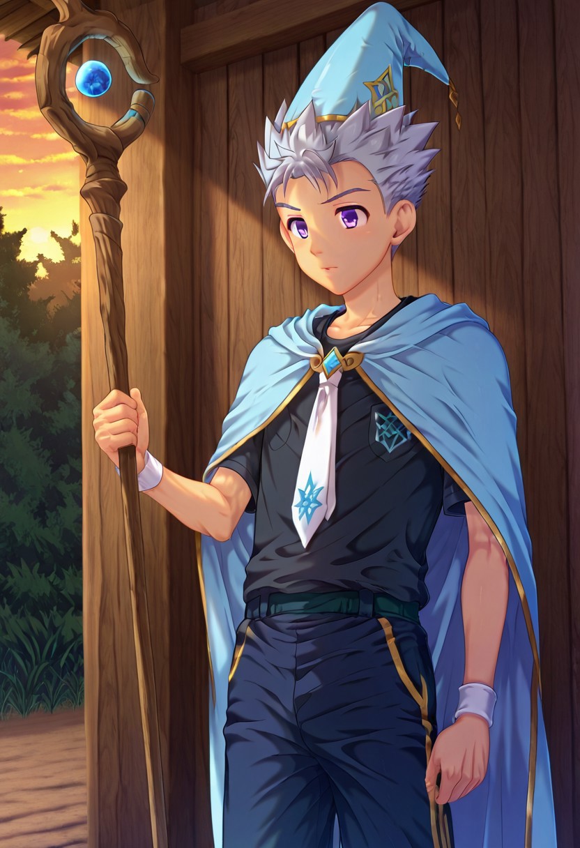 shizuki_takeyo, grey hair, light purple eyes, short hair, spiked hair, teen, young male, 1boy, solo, male focus, large blue wizard hat with white band, long blue cloak with jagged dark yellow trim, black shirt and white tie, tall wooden staff topped with a diamond, perfect hands, perfect eyes, highly detailed, cinematic style, dramatic lighting, detailed draw, detailed eyes, high quality, best quality, high definition