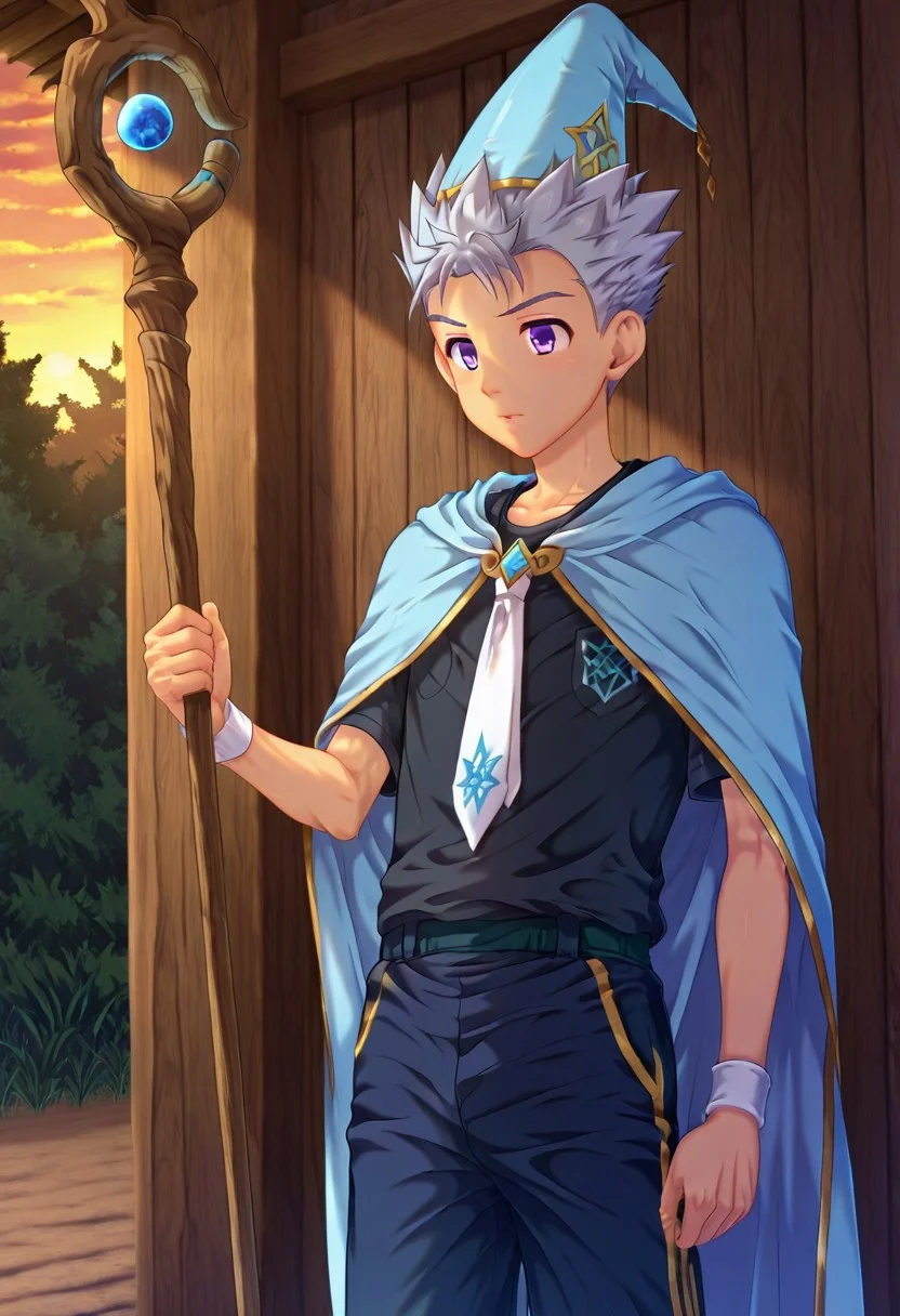 shizuki_takeyo, grey hair, light purple eyes, short hair, spiked hair, teen, young male, 1boy, solo, male focus, large blue wizard hat with white band, long blue cloak with jagged dark yellow trim, black shirt and white tie, tall wooden staff topped with a diamond, perfect hands, perfect eyes, highly detailed, cinematic style, dramatic lighting, detailed draw, detailed eyes, high quality, best quality, high definition