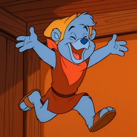 gustogummixl, cartoon, toony, retro, anthro, blue bear, solo, yellow hat, orange bandana, brown tunic, belt, sandals, indoors, closed eyes, excited, jumping, outstretched arms, happy, open mouth,