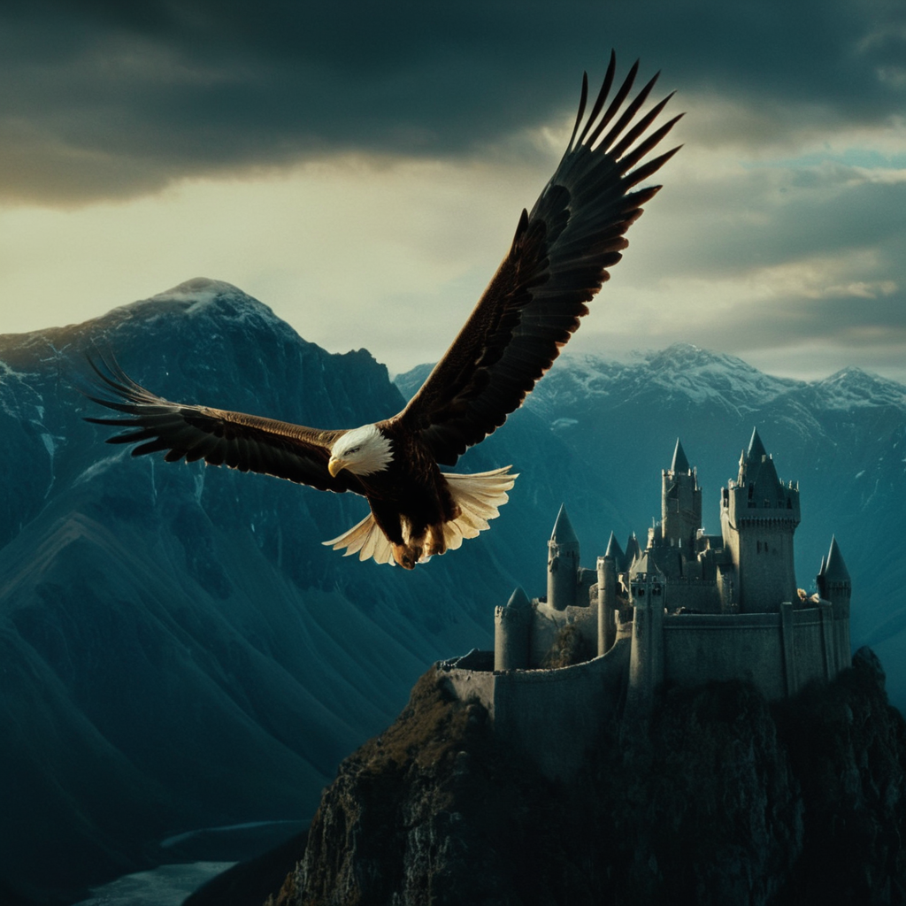cinematic film still of  <lora:The Lord of the Rings style:1>
In a Fantasy Middle-earth world in the dark ages Great Eagles a painting of a bird flying over a castle,outdoors,wings,sky,cloud,no humans,bird,cloudy sky,scenery,mountain,fantasy,landscape , dramatic light, dramatic shadow light, film contrast, cinematic film color, cinematic film look, filmic, realistic, realism, perfection, perfect, movie still, fantasy drama, epic drama, fictional, Age of Wonders, Age of Empires, warriors,  Medieval style, middle ages, dungeons and dragons style, different people, different, unique, kingdoms and castles, violent, aggressive, detailed, perfection, detailed face, detailed body, detailed hands, detailed eyes, sharp, horror themed, dark themed, epic fantasy adventure film style, Legendary, mythical, The Lord of the Rings style, shallow depth of field, vignette, highly detailed, high budget, bokeh, cinemascope, moody, epic, gorgeous, film grain, grainy