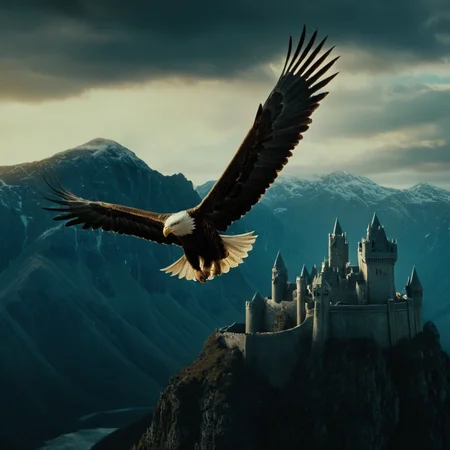 cinematic film still of <lora:The Lord of the Rings style:1>
In a Fantasy Middle-earth world in the dark ages Great Eagles a painting of a bird flying over a castle,outdoors,wings,sky,cloud,no humans,bird,cloudy sky,scenery,mountain,fantasy,landscape , dramatic light, dramatic shadow light, film contrast, cinematic film color, cinematic film look, filmic, realistic, realism, perfection, perfect, movie still, fantasy drama, epic drama, fictional, Age of Wonders, Age of Empires, warriors, Medieval style, middle ages, dungeons and dragons style, different people, different, unique, kingdoms and castles, violent, aggressive, detailed, perfection, detailed face, detailed body, detailed hands, detailed eyes, sharp, horror themed, dark themed, epic fantasy adventure film style, Legendary, mythical, The Lord of the Rings style, shallow depth of field, vignette, highly detailed, high budget, bokeh, cinemascope, moody, epic, gorgeous, film grain, grainy