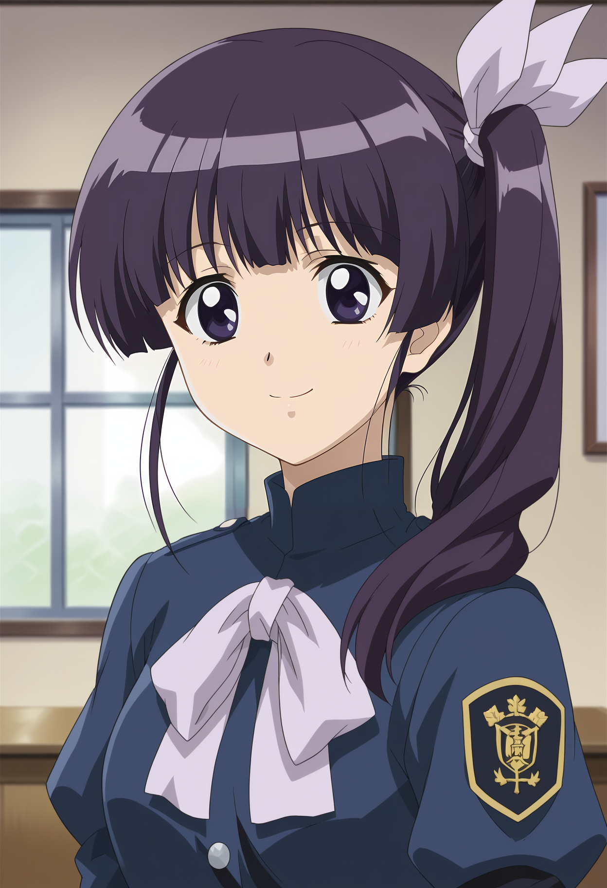 <lora:Koyomi_Hare_Nanaka-Girls_Bravo:0.8>,1girl,solo,Koyomi Hare Nanaka,long hair,side ponytail,purple hair,purple eyes,bangs,ribbon,anime coloring,uniform,upper body,looking at viewer,indoors,smile