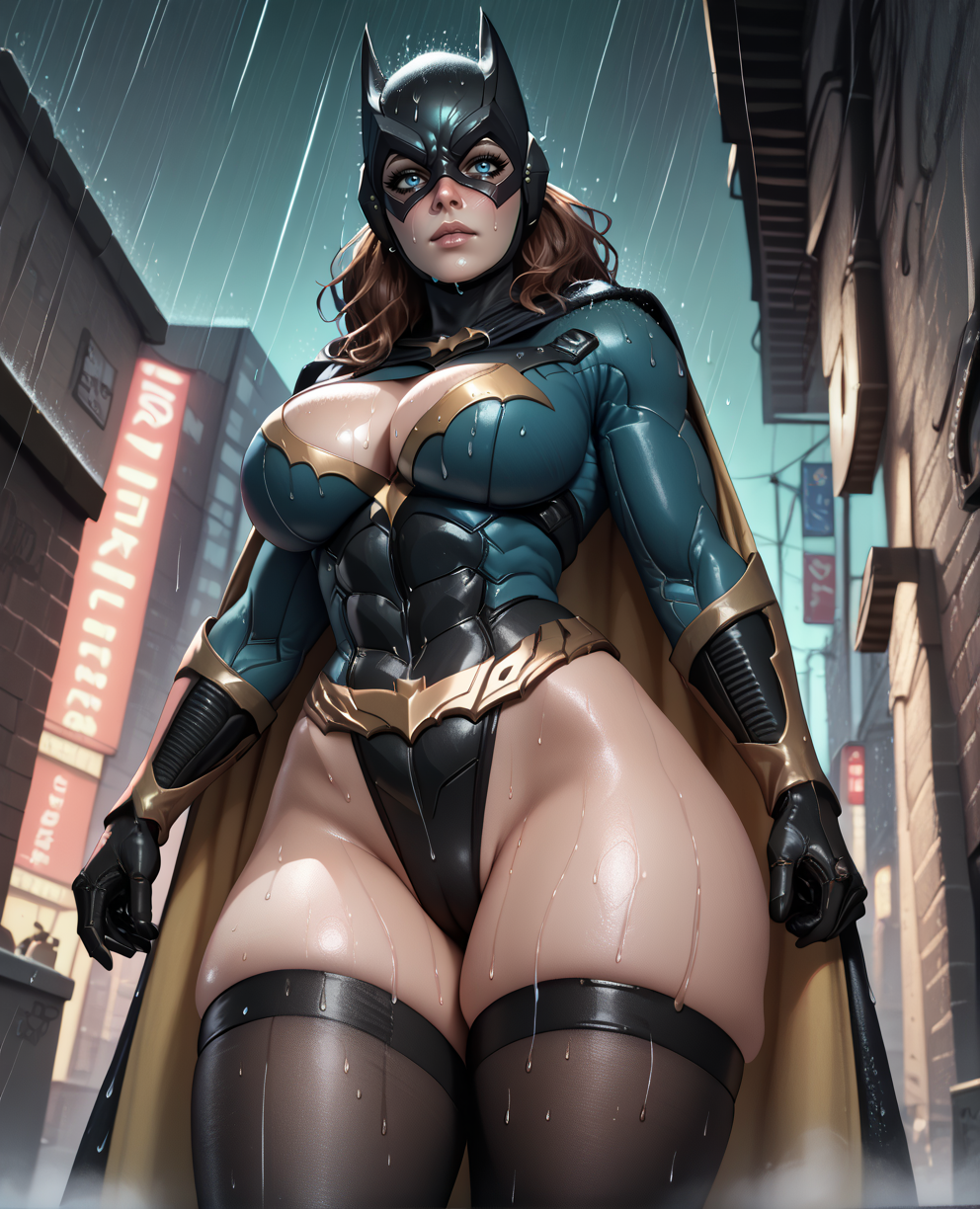 score_9,score_8_up,score_7_up,score_6_up,
batgirlbg,blue eyes,brown hair,
mask,cape,helmet,cleavage,clothing cutout,skimpy,large breasts,blush,
black leotard,black thighhighs, looking at viewer, 
night,Gotham city,solo,alley,from below, rain, 
<lora:batgirlBGXL-11:0.8>,