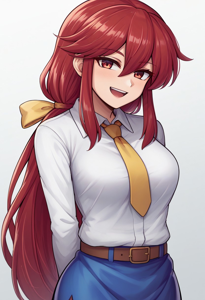 score_9, score_7_up, source_anime, source_cartoon, source_explicit, BREAK, 2d, colorful, aesthetic, illustration, speedyDORA, kotohime (touhou), long hair, red hair, red eyebrows, hair between eyes, bangs, sidelocks, low-tied long hair, tied hair, low ponytail, hair ribbon, yellow ribbon, red eyes, breasts, white shirt, collared shirt, long sleeves, yellow necktie, blue vest, brown belt, blue skirt, hands behind back, open mouth, smile, teeth, simple background, looking at viewer, facing viewer, standing in front of viewer, standing