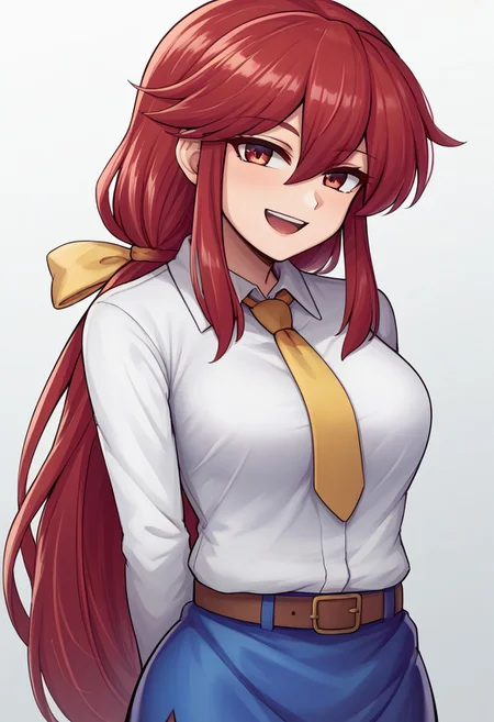 score_9, score_7_up, source_anime, source_cartoon, source_explicit, BREAK, 2d, colorful, aesthetic, illustration, speedyDORA, kotohime (touhou), long hair, red hair, red eyebrows, hair between eyes, bangs, sidelocks, low-tied long hair, tied hair, low ponytail, hair ribbon, yellow ribbon, red eyes, breasts, white shirt, collared shirt, long sleeves, yellow necktie, blue vest, brown belt, blue skirt, hands behind back, open mouth, smile, teeth, simple background, looking at viewer, facing viewer, standing in front of viewer, standing