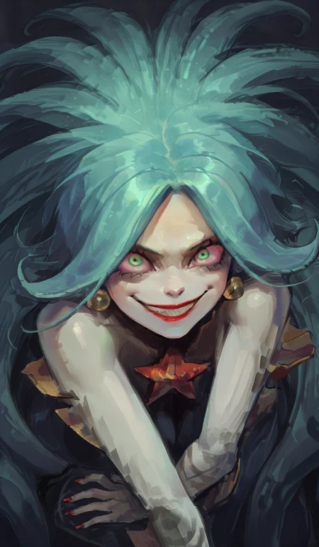 close-up, solo, 1girl, glowing, , mouth-watering,Energetic pose,  masterpiece, black_background, scylla, blue hair, long hair, big_hair, red lips, sharp teetch, scylla_fins, red nails, pale skin, striped_arm, spiky hair, earrings_eye, seastar_on_chest, floating_eyes, eyes_around, evil_smile
