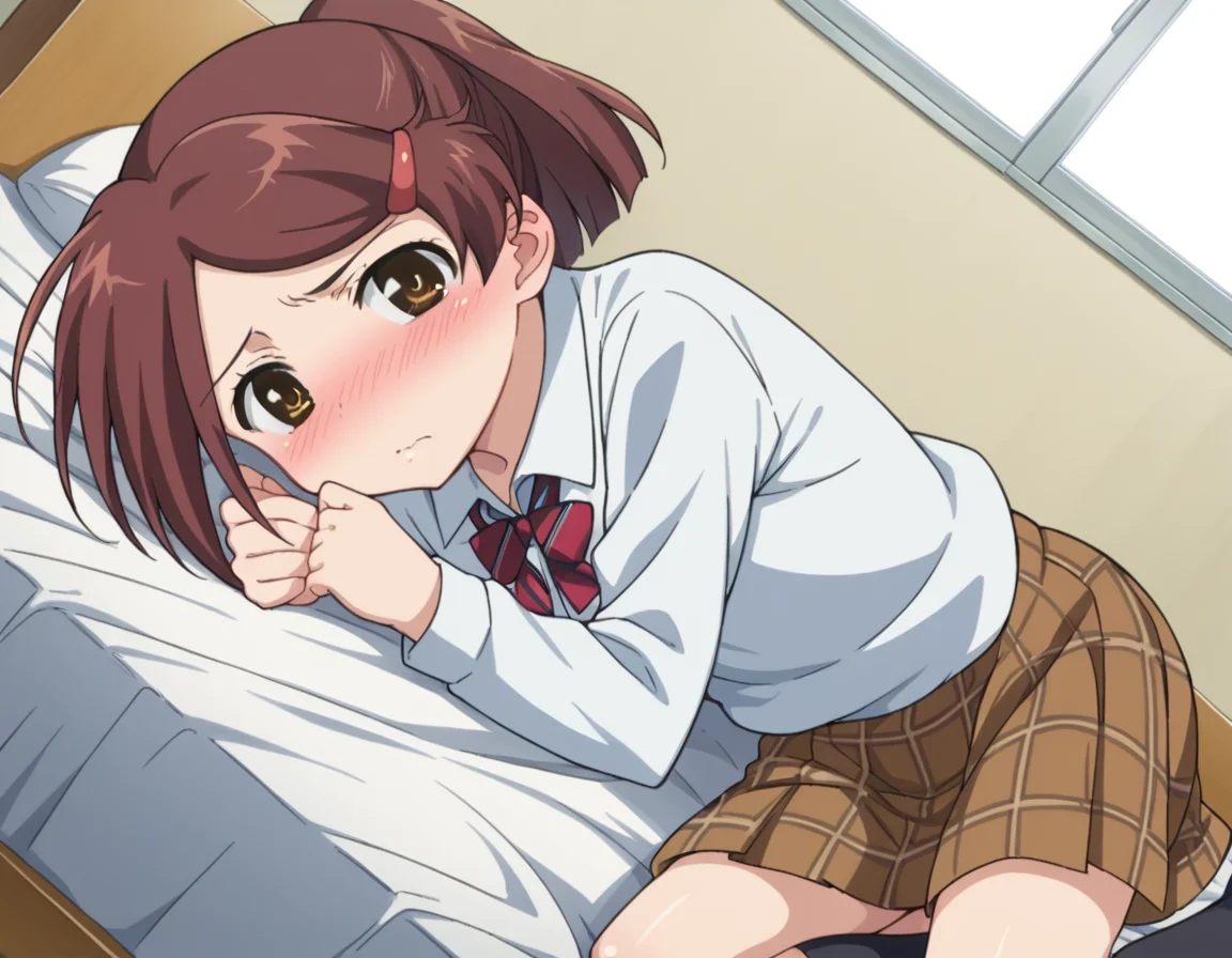 score_9, score_8_up, score_7_up, source_anime,
akosuminoe, <lora:ako-suminoe-ova-ponyxl-lora-nochekaiser:1>,
ako suminoe, short hair, brown hair, hair ornament, brown eyes, ponytail, hairclip,
skirt, shirt, school uniform, white shirt, socks, plaid, kneehighs, plaid skirt,
indoors, bed, bed room, on side, blush, drunk,
looking at viewer, dutch angle, cowboy shot,