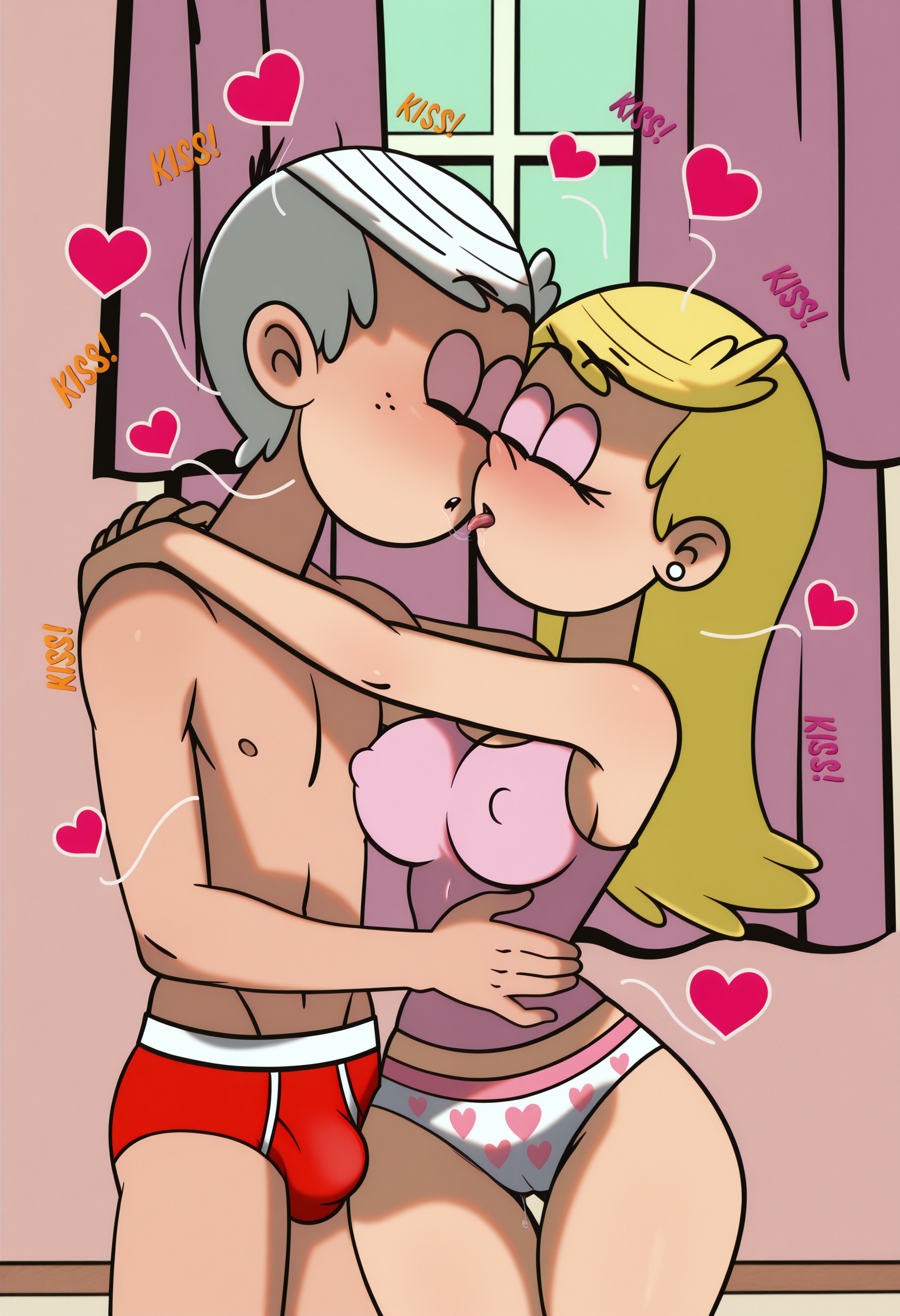 (((<lora:Lincoln_Loud_IL-06:1>))), (((Lincoln Loud))), (1boy, aged up, male focus), (white hair, short hair, freckles), (flat chest), (topless male), (red male underwear), (bulge through clothing), (holding person),
(((<lora:Lola_Loud_IL-05:1>))), (((Lola Loud))), (1girl, aged up), (long hair, blonde hair, bangs, pink eyeshadow), (jewelry, white stud earrings), ((breasts), (large breasts), (round breasts), (covered nipples)), (pink tank top), ((white panties), (pink briefs), (pink heart), (heart print), (cameltoe)), ((thighs), (thigh gap), (wide hips), (thick body)),
masterpiece, best quality, amazing quality, very aesthetic, absurdres, newest, impactful picture, toon \(style\), (full color:1.5), lineart, SimplePositiveXLv2, ImgFixerPre0.3, AissistXLv2, <lora:add_details_xl:1>, <lora:illustriousXLv01_stabilizer_v1.121:0.5>, (indoors, curtains, window, day, bedroom), (hetero, couple), (closed eyes, blush, imminent kiss, tongue, tongue out, saliva, pink heart, white motion lines, white outline, (pink english text:0.3), (orange english text:0.3), (drop shadow:0.2)), (estabilishing shot, cowboy shot), ((((<lora:DriAE_IL-06:1.5>))), (((DriAE))))