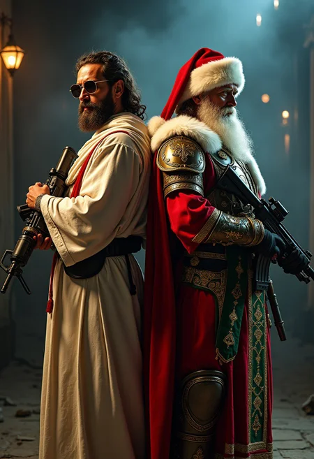 A captivating ultra-realistic photoshoot. Two men posed back to back, standing defiantly like for an action movie poster. The man on the right is a 60yo who looks like a cross between Zeus and Santa Claus, he is wearing heavy red and green and gold embossed armor decorated with a Christmas motif, war-santa is holding a RPG and a bandolier of heavy calibre .762 rounds. The man on the left is Jesus posing with an Uzi in each hand and sunglasses, Jesus is wearing his traditional white robes under a bulletproof urban cammo lvl4 armor plate-carrier
These war versions of Santa and Jesus stand together against all foes, they are badass and prepped for combat, spec ops trained elite fighters with SEAL and Ranger training, the deadly duo are ready for a Christmas of extreme urban warfare, epic, great lighting, dramatic night time scene, shadows, highest quality, perfect background, detailed masterpiece