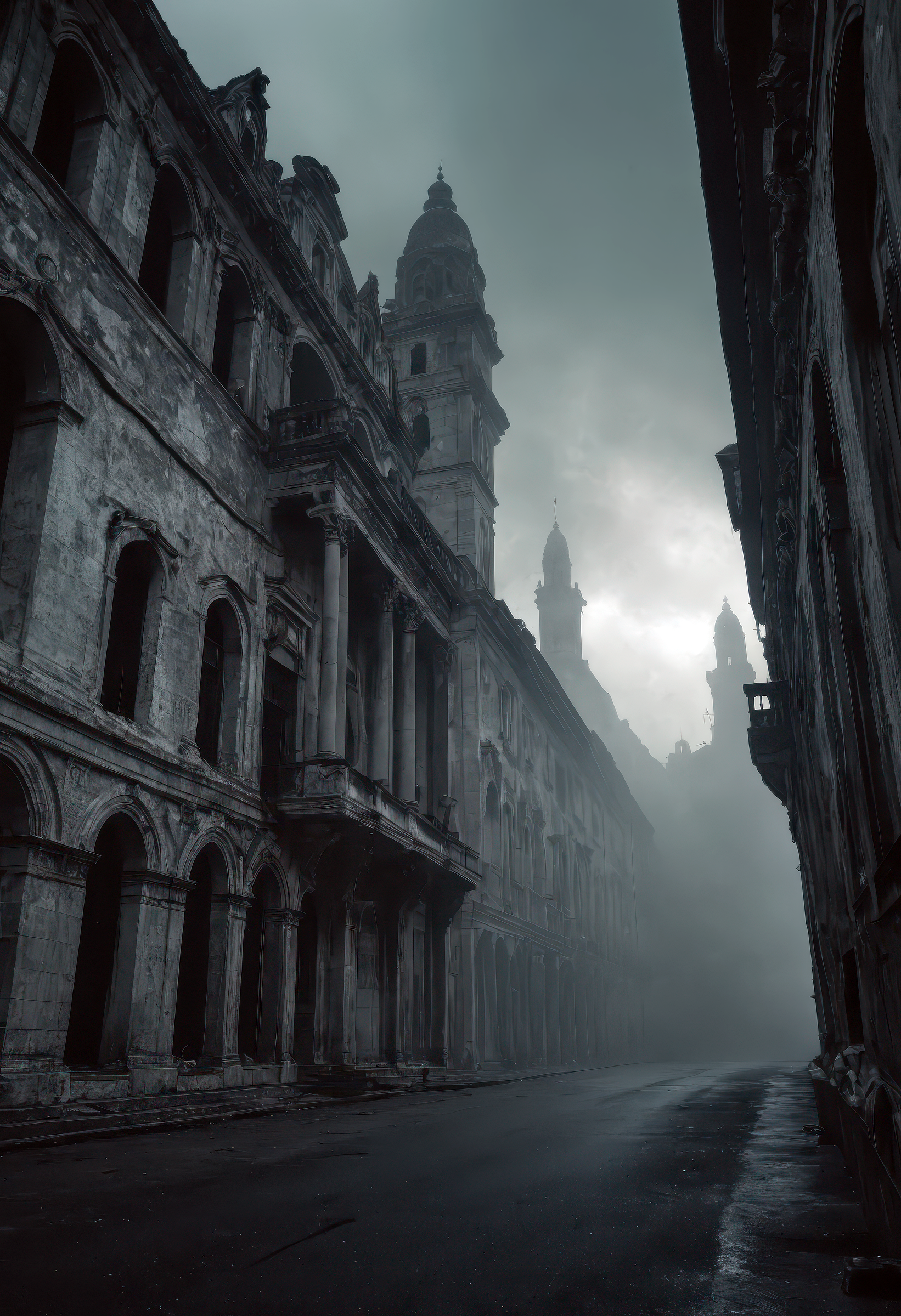 A vast fantasy city built near the edge of a shimmering body of water, the buildings closest to the shore appearing elegant, grand, and opulent marble facades, tall windows, ornate balconiesâwhile the structures gradually decay into worn, crumbling slums the farther inland, showing a stark wealth divide, the cityâs layout tiered and sprawling, ending at a looming high stone wall that separates it from an ominous, thick magical fog in the background, the fog pulsing faintly with arcane energy, casting strange glows against the wall, the entire city under a gloomy, overcast sky, muted colors and a melancholic atmosphere, cinematic scale, fantasy realism with hyper-detailed architecture and moody lighting