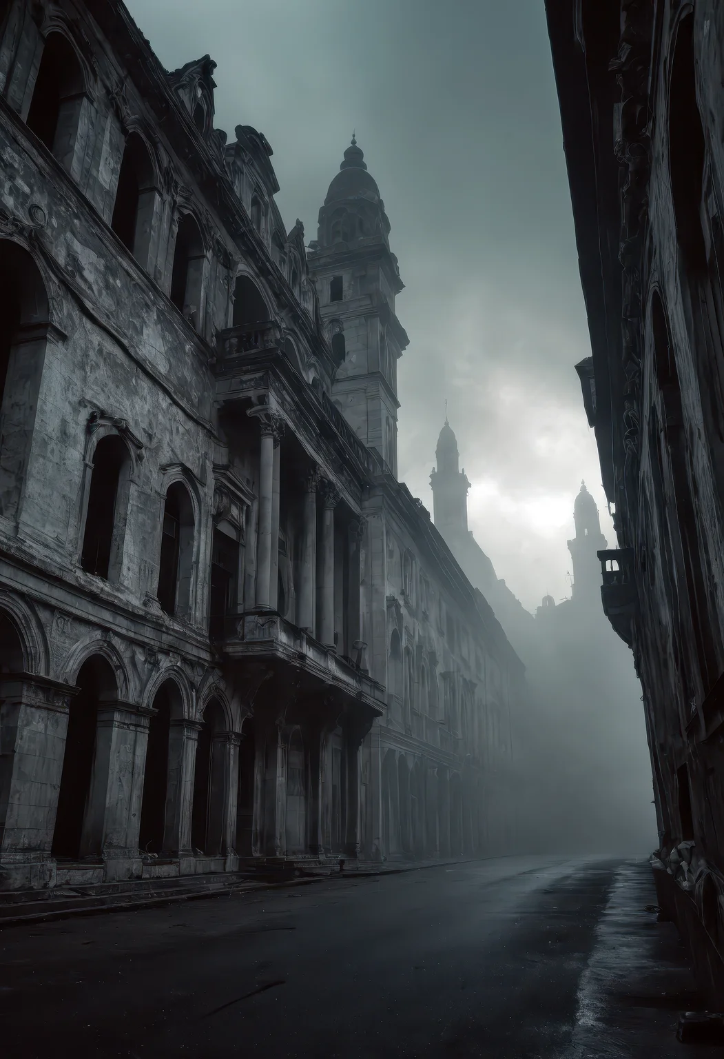 A vast fantasy city built near the edge of a shimmering body of water, the buildings closest to the shore appearing elegant, grand, and opulent marble facades, tall windows, ornate balconiesâwhile the structures gradually decay into worn, crumbling slums the farther inland, showing a stark wealth divide, the cityâs layout tiered and sprawling, ending at a looming high stone wall that separates it from an ominous, thick magical fog in the background, the fog pulsing faintly with arcane energy, casting strange glows against the wall, the entire city under a gloomy, overcast sky, muted colors and a melancholic atmosphere, cinematic scale, fantasy realism with hyper-detailed architecture and moody lighting
