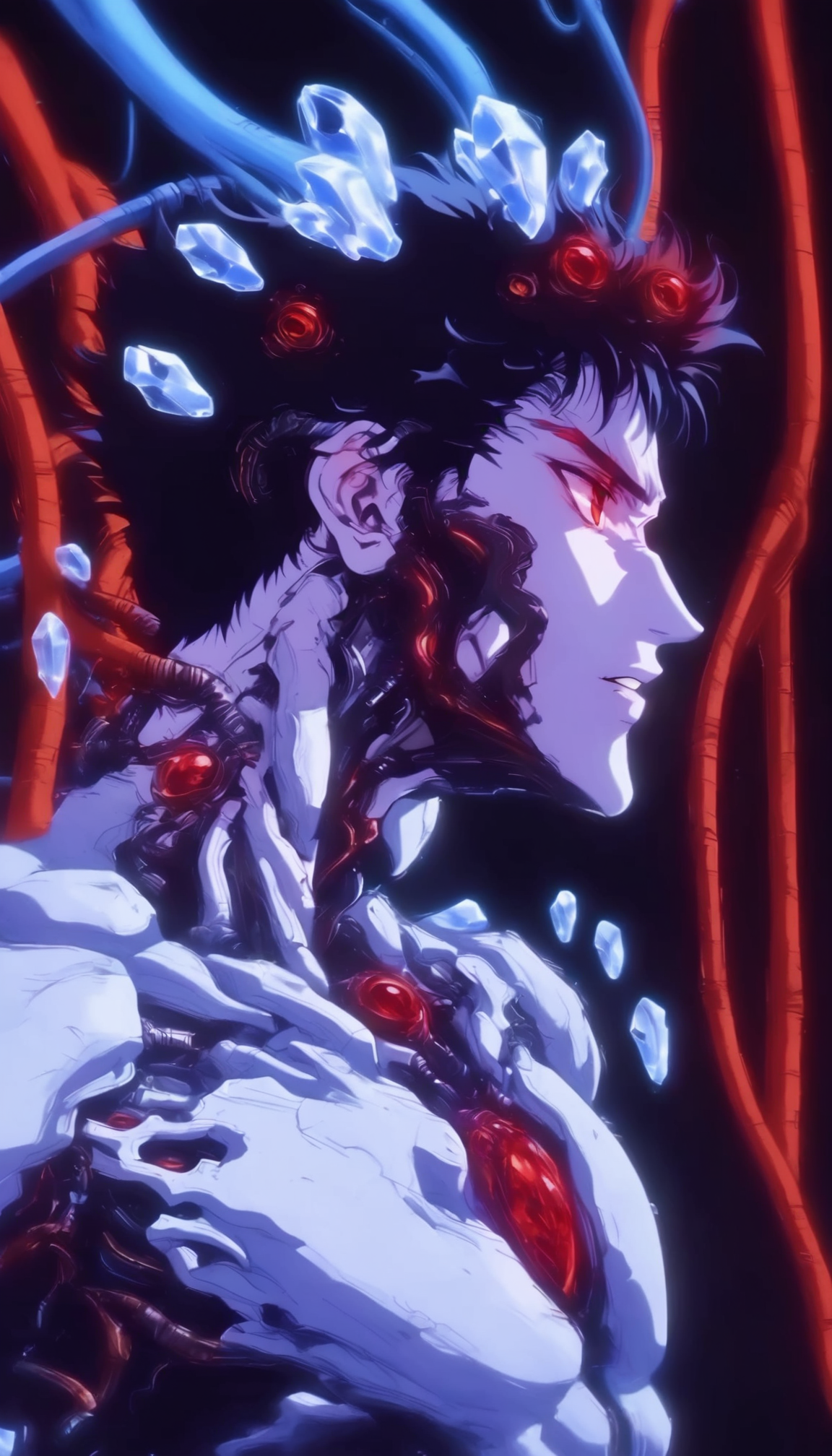 1boy, male focus, solo, black hair, red eyes, cable, science fiction, from side, parted lips, upper body, profile, crystal