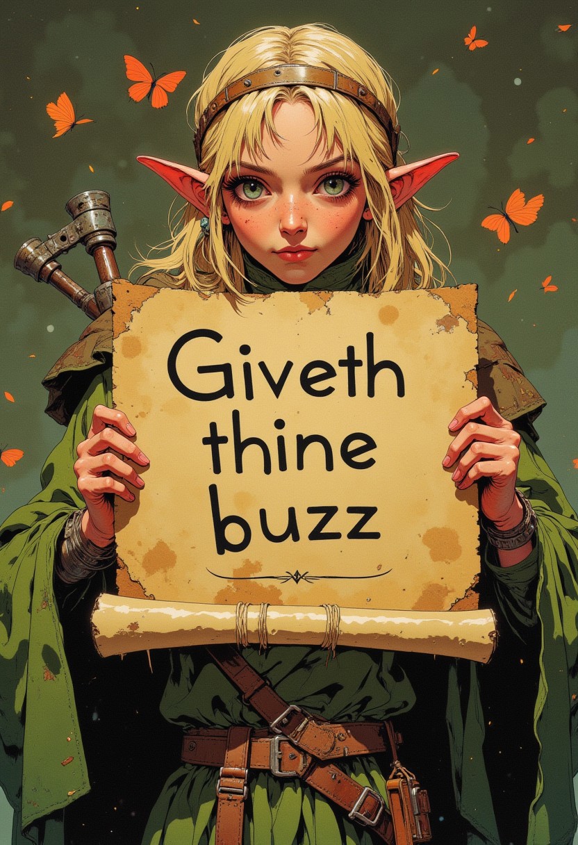 Elf girl holding a scroll up to the viewer. The scroll says "Giveth thine buzz"