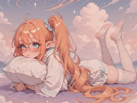 masterpiece,best quality,amazing quality, (solo:1.4), concept art, digital artwork, illustrative, 
1girl, side ponytail,  pastel Orange hair,  blue eyes,  cute,    patterned knee high socks, very long hair, pointy ears,      , 
on stomach,  tiptoeing,   (solo:1.2), character focus, full body, 
 shoulder cloak,     glasses,        pastel White clothes,
 sheer korean dress,  skindentation, 
abstract, surreal,    clouds, 
 <lora:anime_screencap-IllustriousV2:0.8>  <lora:Wonderkind_V2:0.3> wk-illu <lora:unfazed mixed gothic IL v2.0:0.5> <lora:rimixO:0.3>  <lora:setcolor:0.2> setcolor <lora:Moch_Illu_Edition:0.2> MCHI-Illu