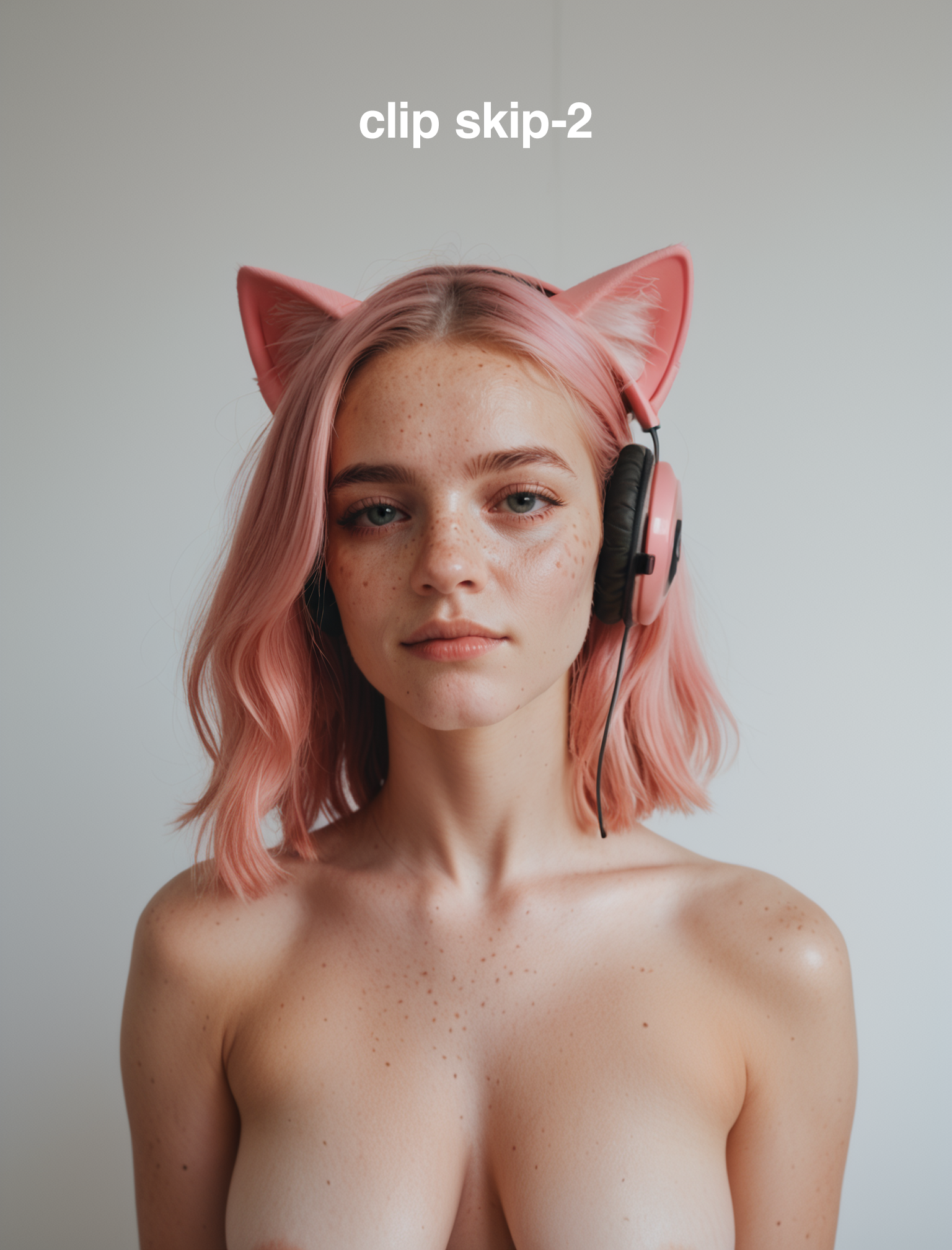 score_9,score_8_up, score_7_up, photograph of a cute gamer girl, pale skin, pink hair, medium hair, freckles, headphones, cat ears, large saggy breasts, 28 years old,