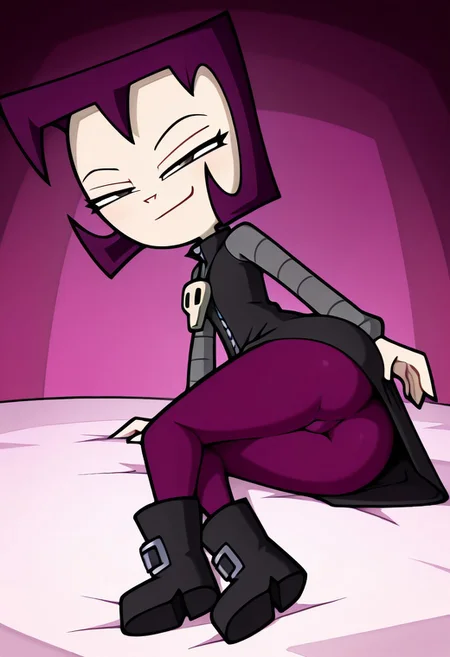 (Masterpiece), (high quality), (high res), (good quality), score_9, score_8_up, score_7_up, (1girl), (solo), BREAK, gazinvz, purple hair, bob cut, pale skin, closed eyes, brown eyes, black dress, skull necklace, long grey sleeves, purple leggings, black jacket, zipper, black boots, ass, ass focus, ass focused, looking at viewer, half closed eyes, smile