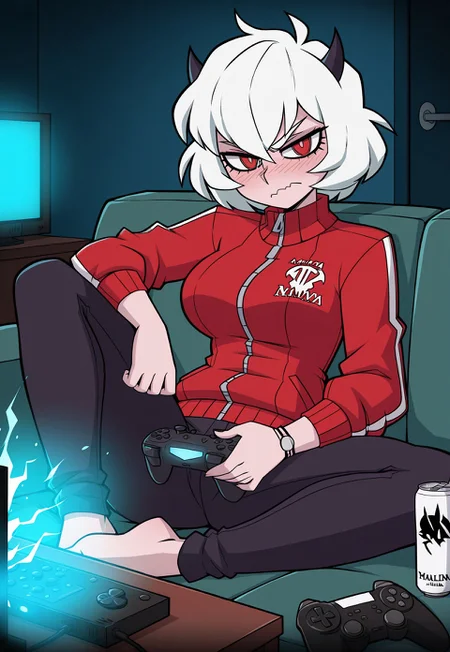 masterpiece, anime noir style, masterpiece, best quality, amazing quality, very aesthetic, high resolution, absurdres, solo, looking at viewer,
girl, HMalina, demon girl, red eyes, short white hair, black horns, wearing a red jacket and black pants, sitting on a couch surrounded by energy drinks and video game controllers, glowing TV light, chill atmosphere, pixel/indie game style