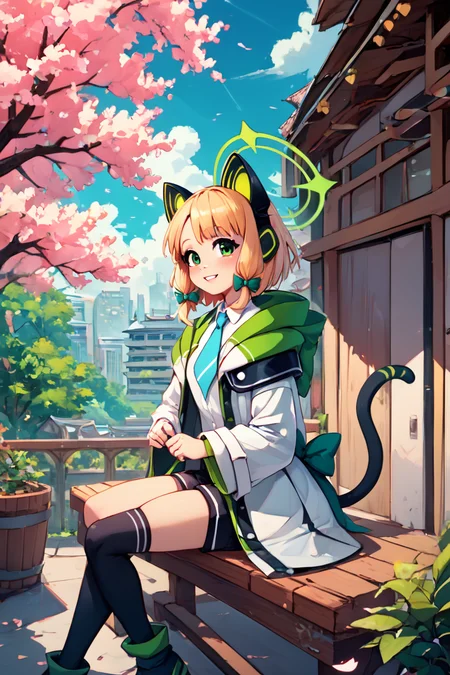 score_9, score_8_up, score_8, medium breasts, (curvy), cute, eyelashes, BREAK, , ,,, zzMidori, solo, blonde hair, short hair, green eyes, hair bow, tail, animal ears, fake animal ears, animal ear headphones, headphones, cat ear headphones, halo, hair bow, green halo, tail, cat tail, green bow, black thighhighs, blue necktie, collared shirt, long sleeves, white jacket, white shirt, black shorts, blush, black footwear, open jacket, hood, wide sleeves ,<lora:Midori_BlueArchive_PDXL:1.0>, ,,,, BREAK, sitting on bench, side view, smile, looking at viewer, cowboy shot, ,,, BREAK, pnkBldng, sky, day, cloud, tree, blue sky, building, architecture, east asian architecture, ,,, BREAK, embedding:zPDXL, Expressiveh, ,,, <lora:PinkBuildingsPDXL_v2:0.6>, <lora:SDXLFaeTastic2400:0.5>, <lora:Expressive_H-000001:0.4>