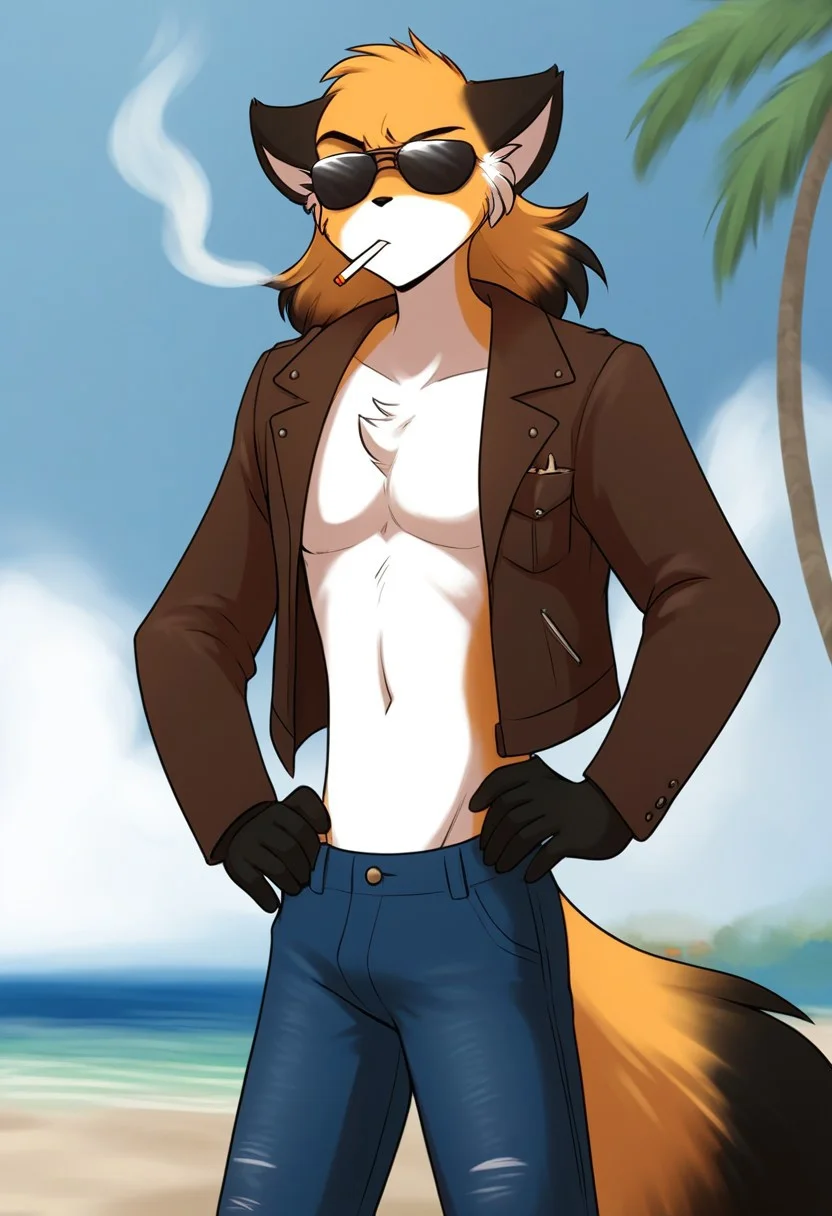 score_9, score_8_up, score_7_up, score_6_up,source_furry, rating_explicit, solo, solo focus, male, 1boy, standing, brown leather jacket, white shirt, black sunglasses, american jeans, serious expression, thin waist, flat stomach, serious pose, looking at viewer, hands on waist, fluffy tail, beach, resort, palm tree, mike-twokinds, smokes a cigarette, A cigarette in mouth, detailed, perfect fingers, five fingers