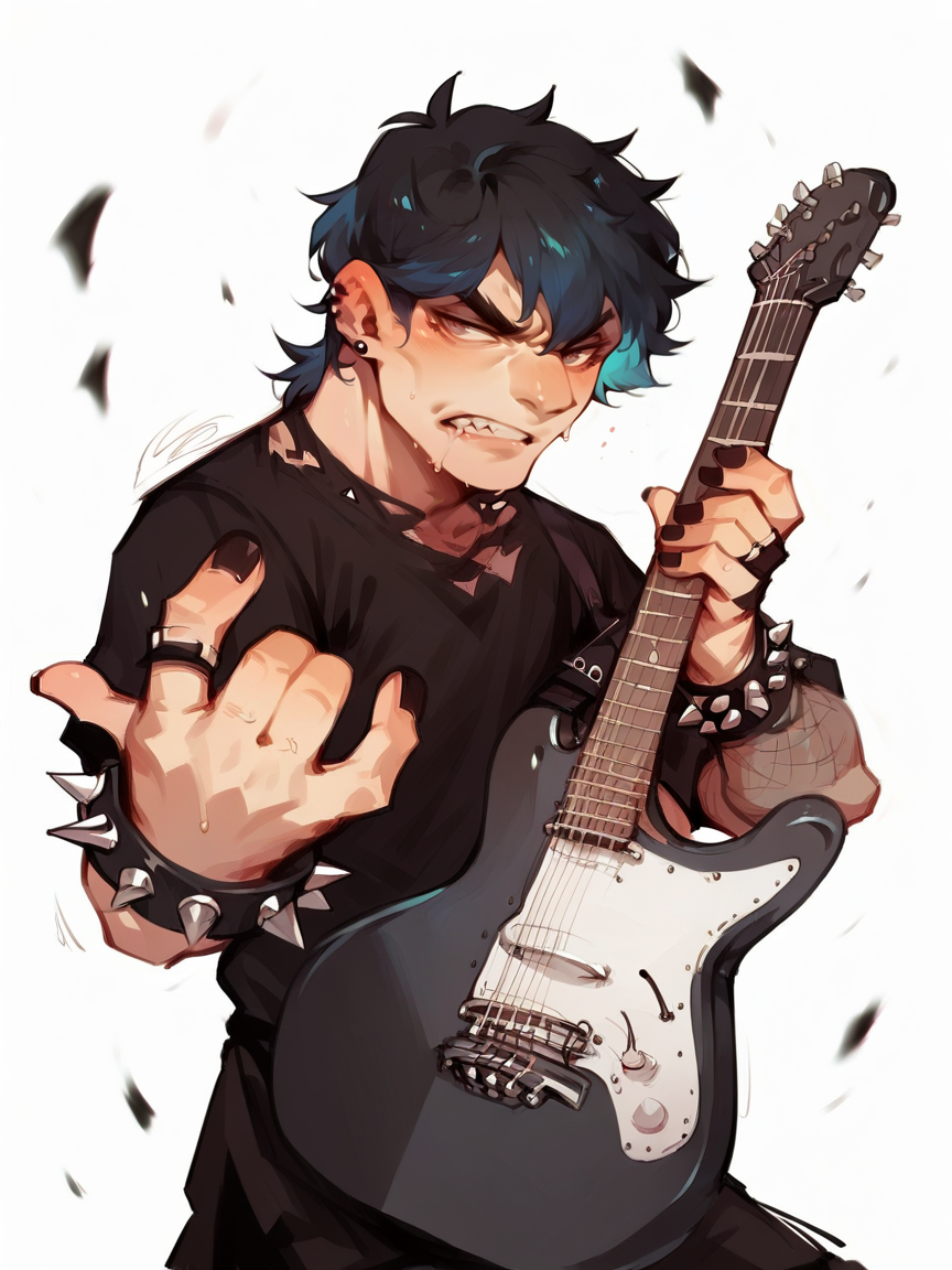 score_9, score_8_up, score_7_up, score_6_up, score_5_up,  <lora:r0ck0n:1> \m/, r0ck0n pose, 1boy, goth, spiked bracelet, guitar,