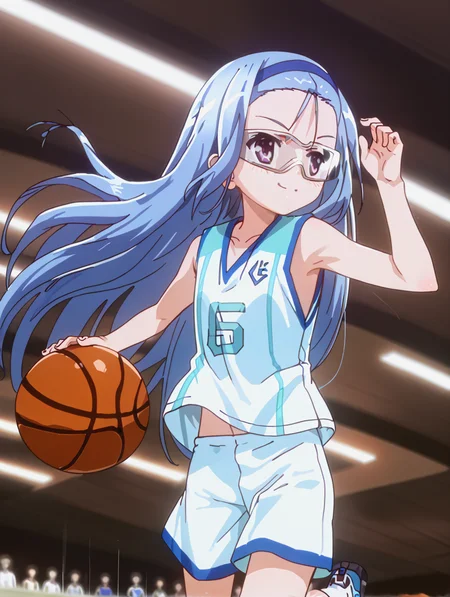 (zPDXL3), score_9, score_8_up, score_7_up, source_anime,
1girl, smile, running,
<lora:ro-kyu-bu_pony_v1-000012:1>, nagatsuka saki, long hair, goggles, headband, forehead, basketball uniform, short shorts,