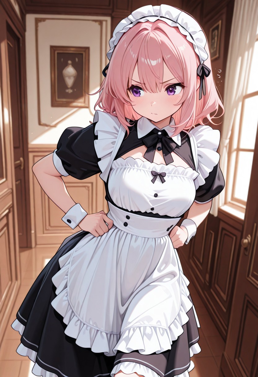 woman, CivChan, purple eyes, pink hair, maid outfit, standing, hands on waist pose, confidence, room, high quality, best quality, masterpiece, 4k resolution, anime