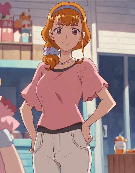score_9, score_8_up, score_7_up, anime screencap, solo,1girl,asahinakyouko, hairband,necklace, jewelry, pants, smile, shirt, looking at viewer, pink shirt, short sleeves,cowboy shot,large breasts,wide hip,<lora:asahinakyouko:0.8>
