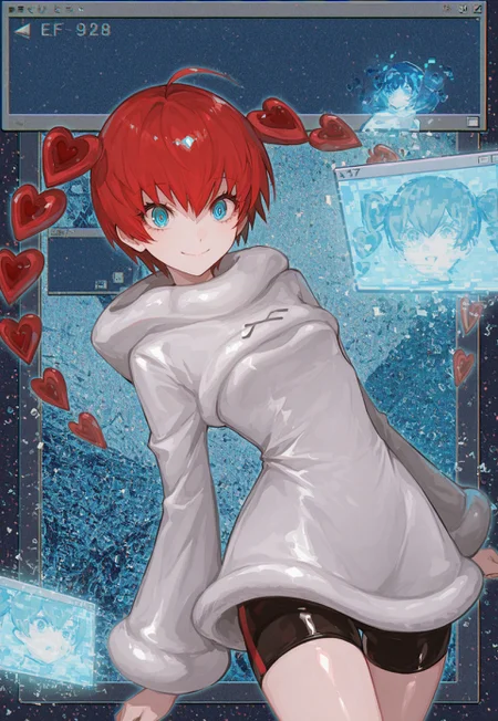 konya karasue, lam \(ramdayo\), masterpiece,best quality,highres,absurdres,newest, very awa, aesthetic, usnr, window \(computing\), abstract, glitch, mhh, dynamic pose,movementglowing,pixelates glitch, glowing screen,s0ph1a, short hair, red hair, detached hair, heart, ahoge, twintails, blue eyes,short dress, white dress, hooded dress, hood down, long sleeves, black shorts, bike shorts, cute, smile, bright smile,shiny skin ,<lora:f6784438-d152-4f5f-acca-c217db0a0f5a:0.7>, <lora:9c107e55-79ea-4dc4-bd06-bdc43dab5b35:0.4>, <lora:49c16599-ba1b-433f-a8ce-78e743e75128:0.7>, <lora:f5aa1b3d-578b-4108-8cca-83a989818734:0.7>, <lora:505bcfef-f48c-4fec-ba27-1c7782273728:0.5>