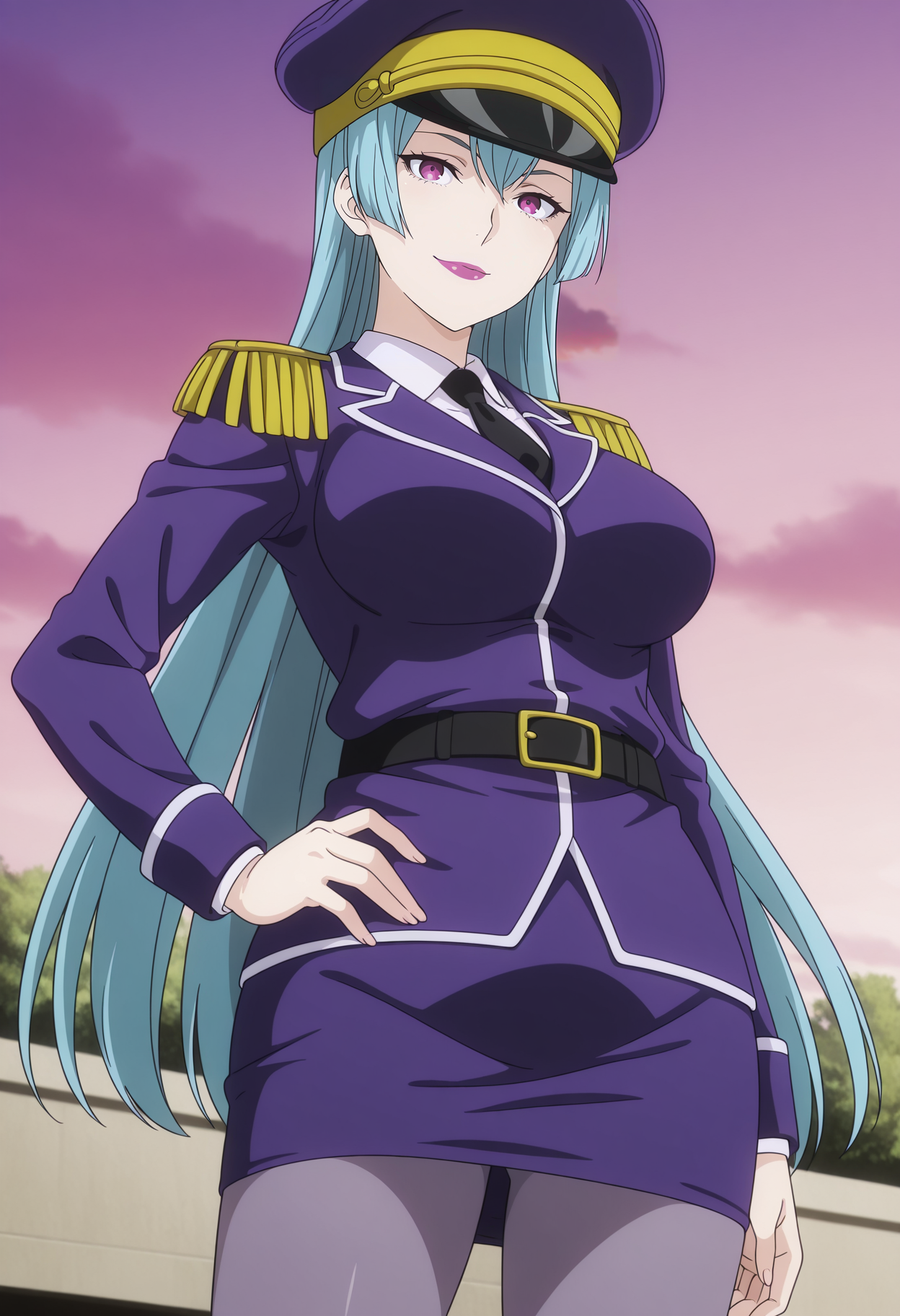 1girl,solo,mm,mature female,long hair,blue hair,purple eyes,lipstick,large breasts,anime coloring,
hat,peaked cap,uniform,military uniform,epaulettes,necktie,jacket,pencil skirt,belt,pantyhose,looking at viewer, smile,outdoors,hand on own hip,
,masterpiece,best quality,amazing quality,<lora:Sarge-Shokugeki_no_Souma:0.8>