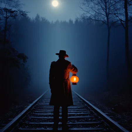 cinematic film still of cinematic film still of  <lora:silhouette style v2:1>
A silhouette photo of a bandit man holding orange lantern from behind in a hat and coat standing in a foggy forest in the dark blue night with rail tracks on ground,solo,1boy,hat,standing,monochrome,male focus,outdoors,sky,cloud,from behind,tree,scenery,silhouette different shadow patterns, different shadows, cinematic, filmic, different colors, creative cinematography, covered in shadow, perfect shadow, detailed shadow, detailed background, detailed environment, award winning cinematography, casting shadow, film contrast, film saturation, high quality, 8k, silhouette style, shallow depth of field, vignette, highly detailed, high budget, bokeh, cinemascope, moody, epic, gorgeous, film grain, grainy