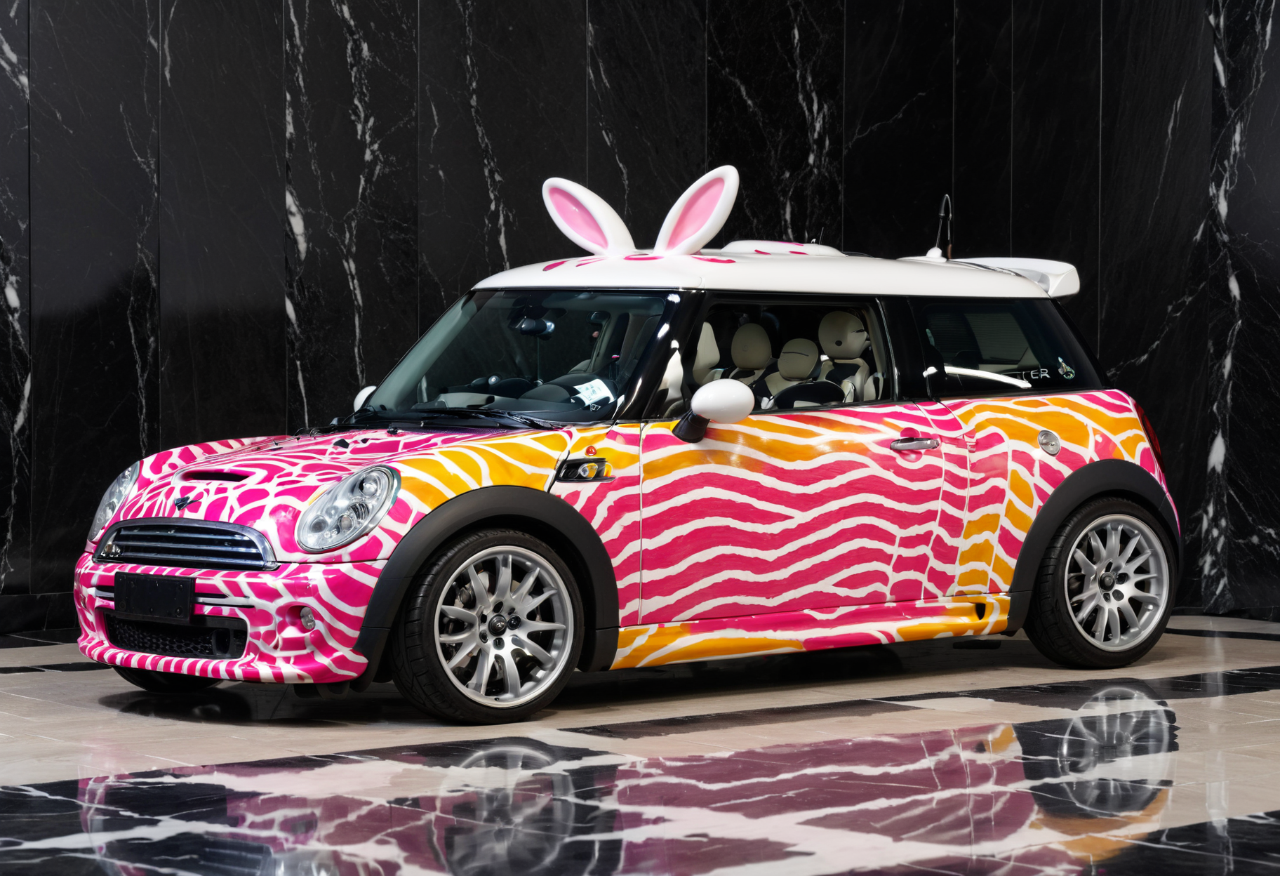 lgcrs,a  car, Mini Cooper, looking like a Easter Bunny,with aggressive color pattern, (oaken wood:1.5),parked on a (black marble surface:1.2),before a silver sphere, hentai like pattern
<lora:Retro_Cars-000011:0.8>,