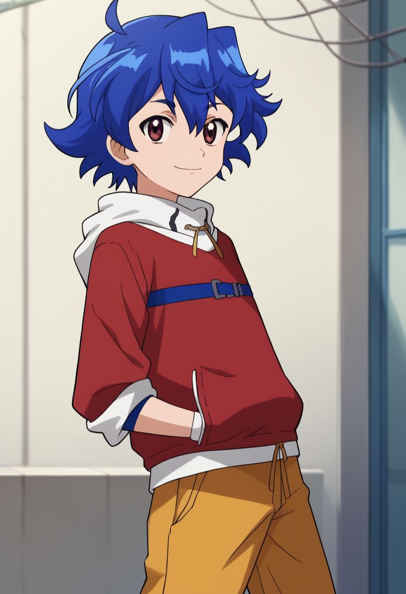 score_9, score_8_up, source_anime, highly detailed, 
riki, 1boy, solo, blue hair, short hair,  male focus,  brown eyes, hoodie,  shawl collar, red hoodie, white hoodie, two-colours hoodie, pants, yellow pants, smile, upper body, rolled up sleeves, skinny,
outdoor