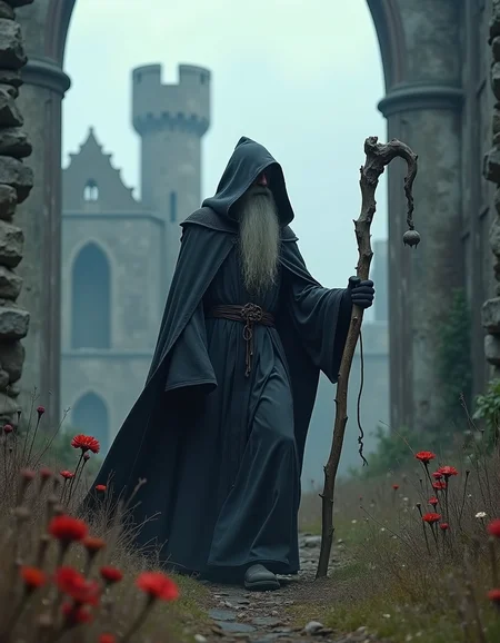wizard wearing a dark cloak, large old wooden staff in hand, walking around in the ruins of a castle, cloudy, mysterious, dying flowers on the ground , dark fantasy