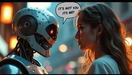 A robot with speech bubble that says "it's not you, it's me" talking to a crying woman, meme style, semirealistic, photography, high quality, highly detailed, dramatic lighting, emotional scene, comic-inspired composition, 4K resolution, shallow depth of field, cinematic framing, vibrant colors, textured metallic robot surface, glistening tears, expressive facial features, contrasting body language, urban background, subtle lens flare, crisp focus on main subjects, film grain texture, slight vignette effect, HDR imaging, professional studio lighting setup